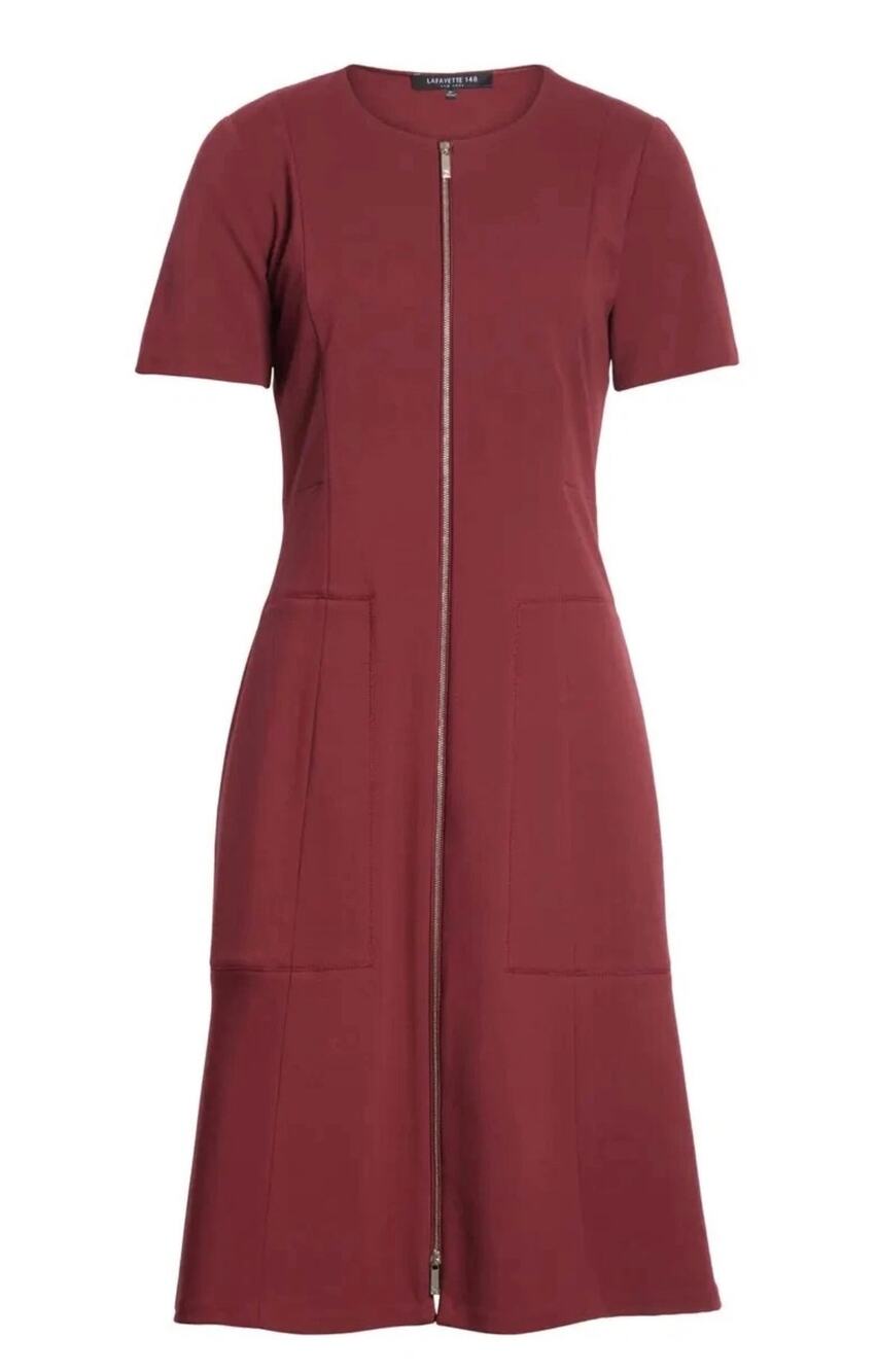 Lafayette 148 Sonya 6 Zip Shift Dress Brandywine Red Ponte Stretch Short Sleeves